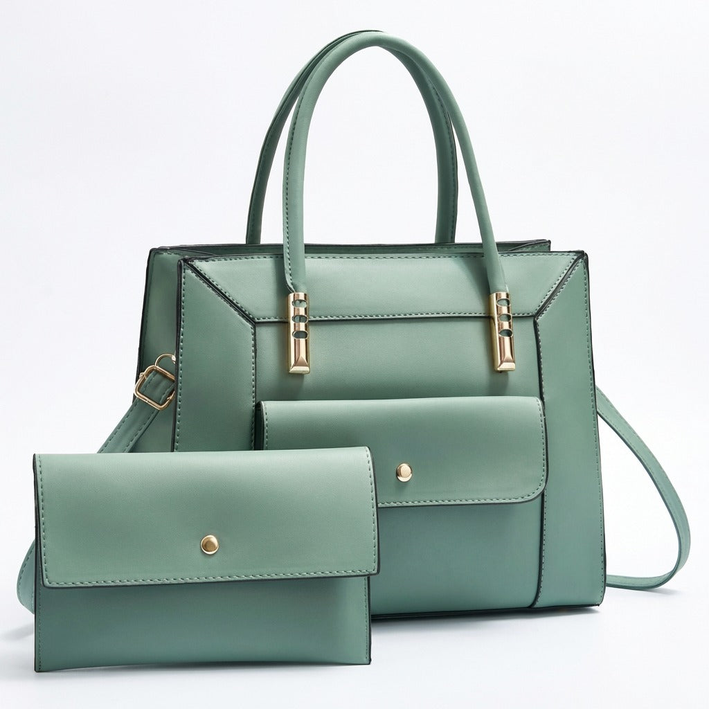 Jannik - Green handbag with matching wallet on a white background from Meleche or Meléche (short as (Mé))
