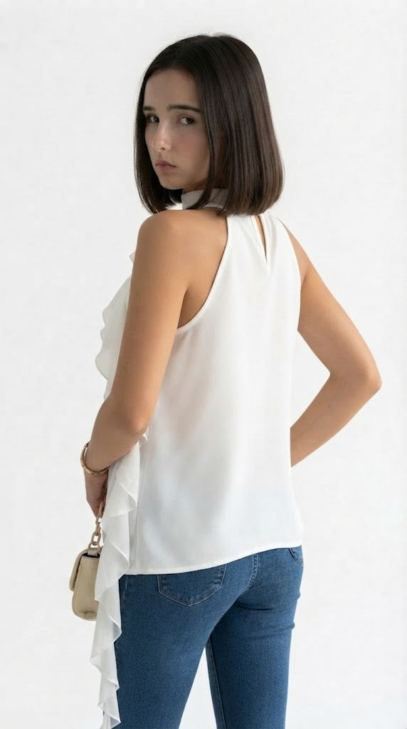 A woman with a bob haircut is shown from the back wearing a white sleeveless top with a ruffled side detail and blue jeans, holding a small beige handbag against a plain white background, from Meleche Fashion USA or Meléche (short as (Mé))