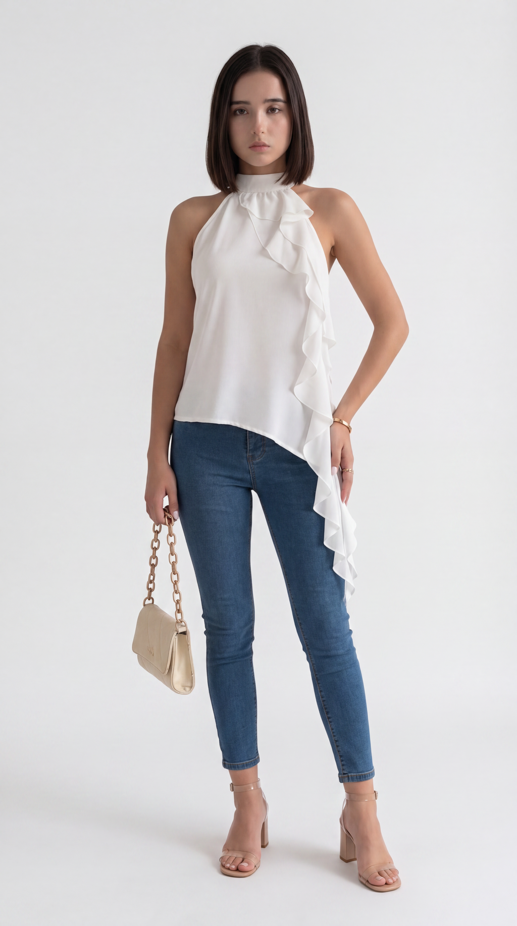 A woman modeling a white sleeveless ruffled halter top with an asymmetrical hem, paired with blue skinny jeans, nude heeled sandals, and a small beige handbag, against a plain light gray studio background, from Meleche Fashion USA or Meléche (short as (Mé))