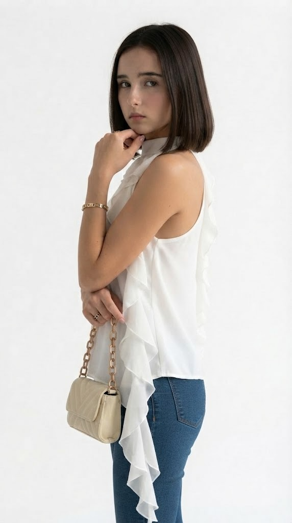 A woman with a dark bob haircut is shown from a side-back angle wearing a white sleeveless ruffled blouse and blue jeans, holding a small beige quilted handbag with a gold chain strap against a plain white background, from Meleche Fashion USA or Meléche (short as (Mé))
