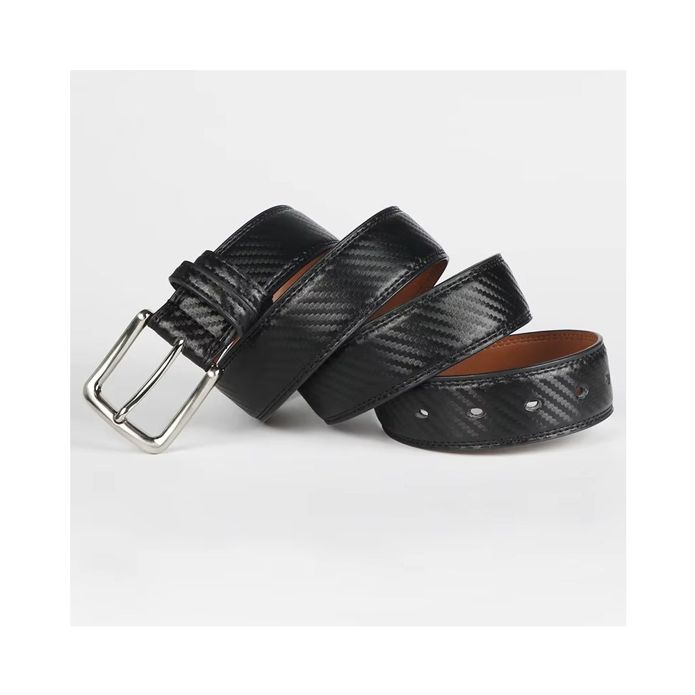 Black leather belt with a silver buckle from Meleche or Meléche (short as (Mé))