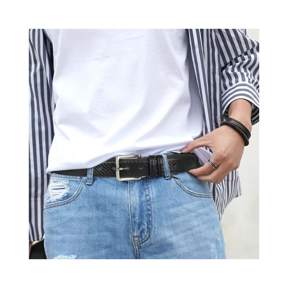 Person wearing a black belt with a silver buckle, white shirt, and blue jeans from Meleche or Meléche (short as (Mé))