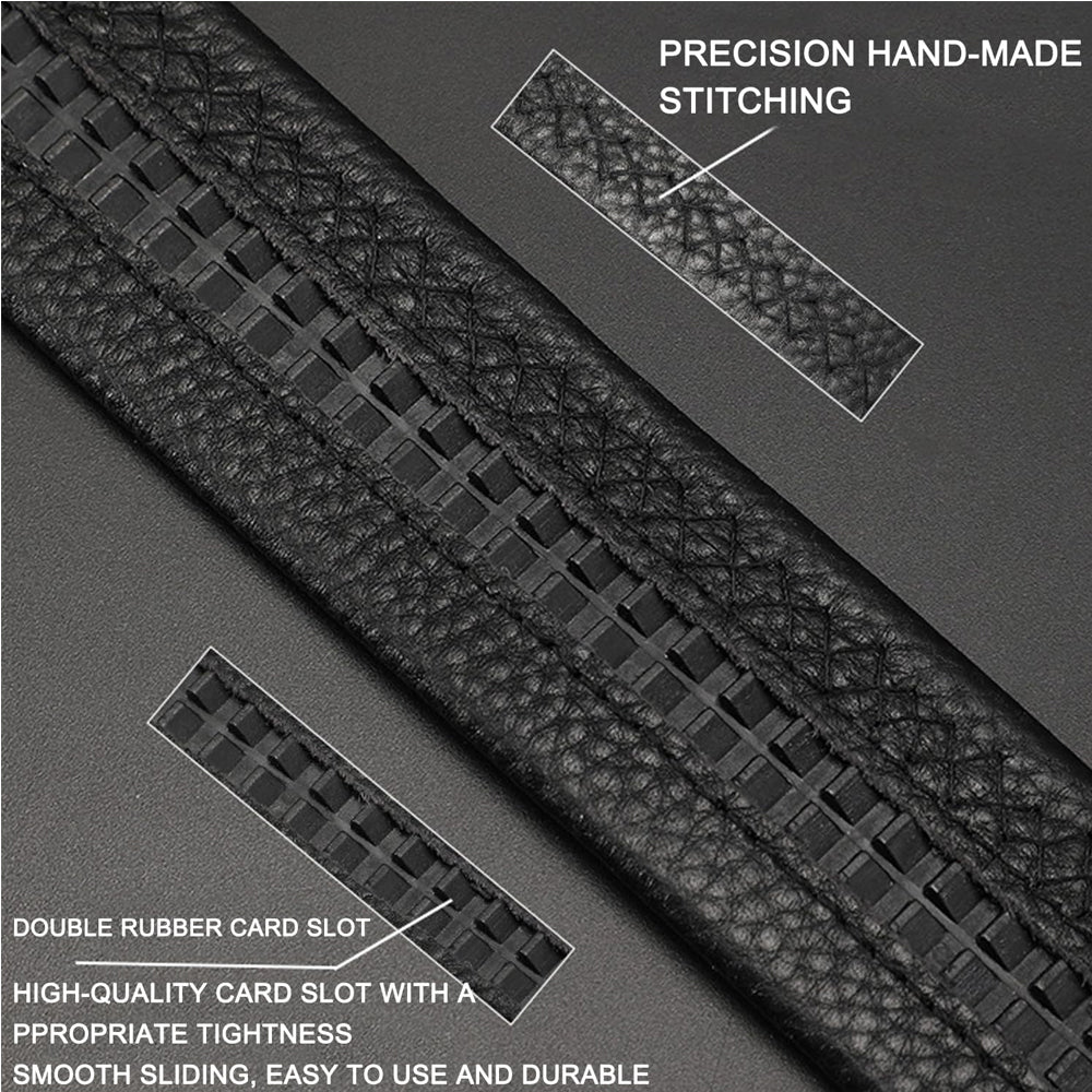 Close-up of a black leather strap with precision hand-made stitching and card slot features from Meleche or Meléche (short as (Mé))