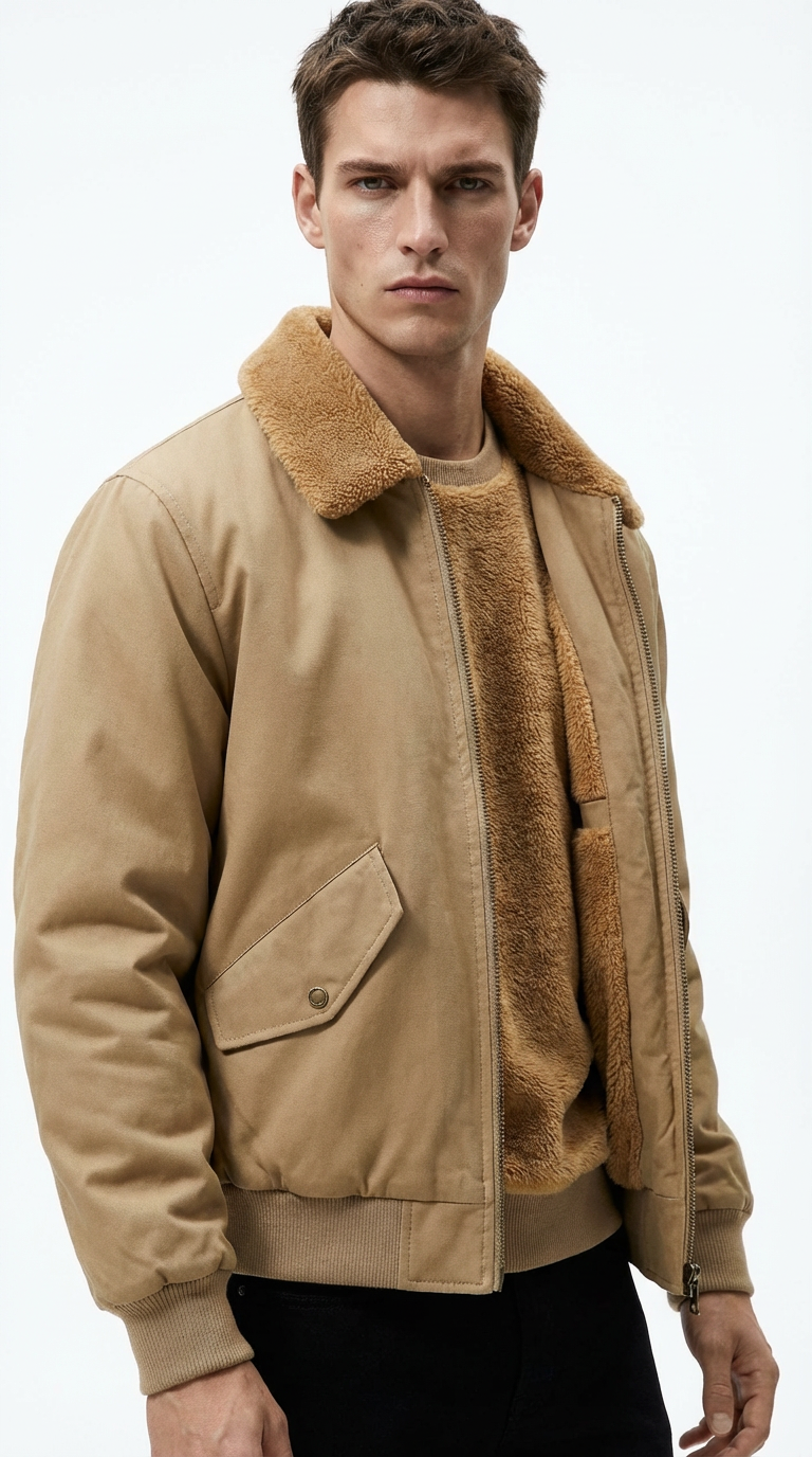 Man wearing a tan jacket with a fur collar on a white background