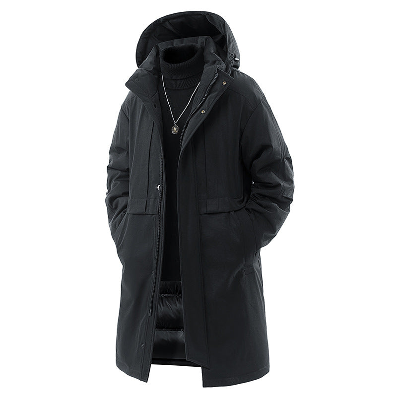 Black coat with a hood from Meleche or Meléche (short as (Mé)) on a white background
