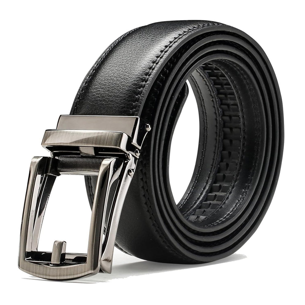 Black leather belt with a silver buckle from Meleche or Meléche (short as (Mé))