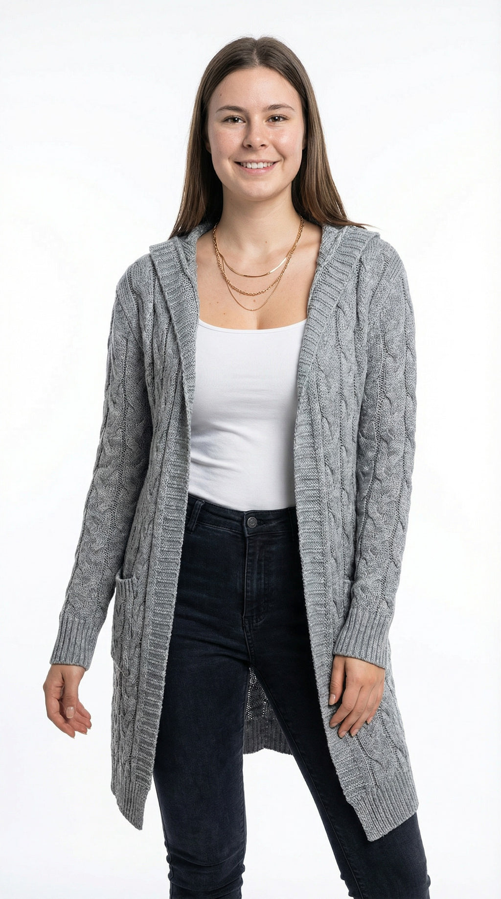 Person wearing a long gray cardigan from Meleche or Meléche (short as (Mé))