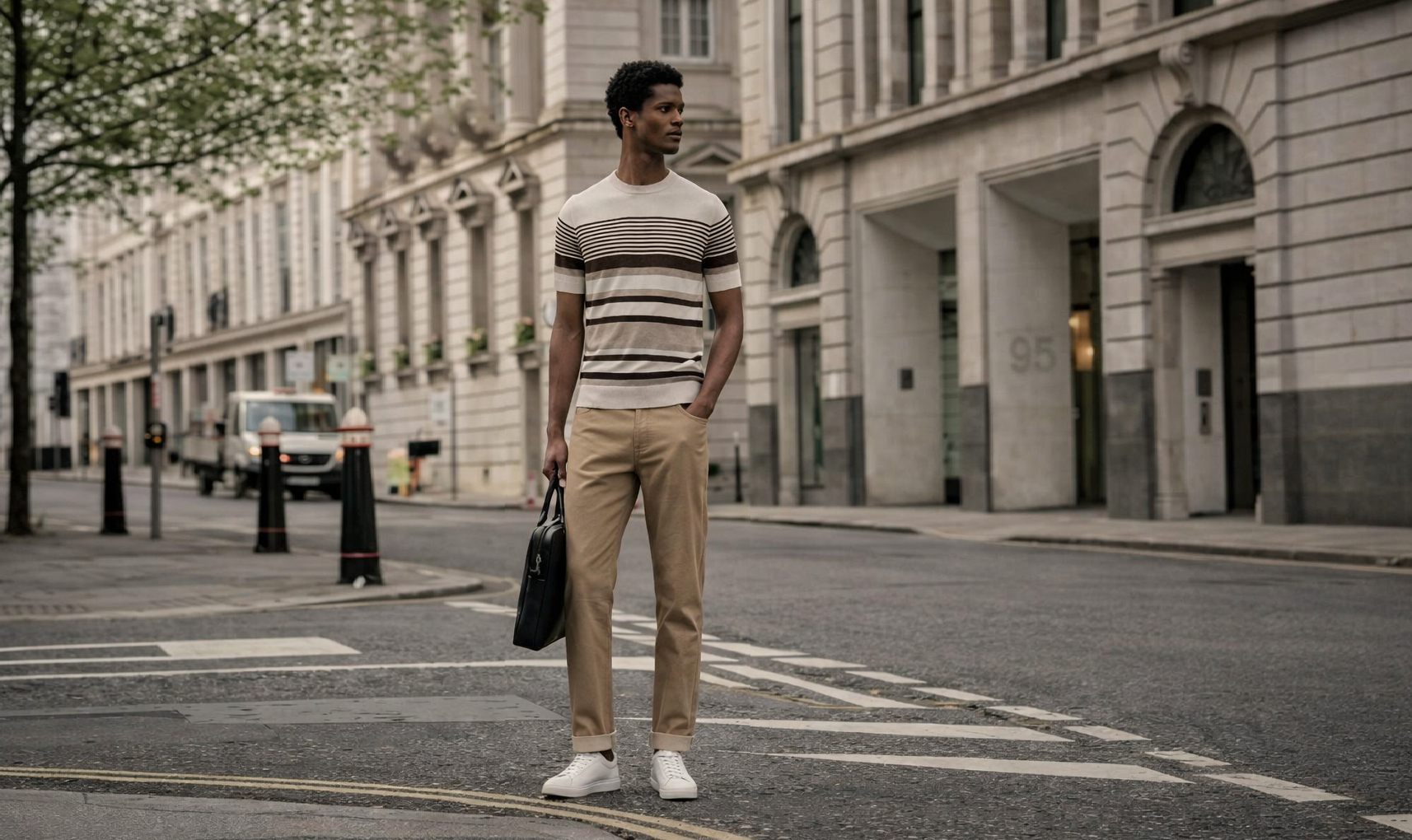 A man standing on a city street wearing a beige and white striped short-sleeve knit sweater, beige trousers, and white sneakers, holding a black bag.