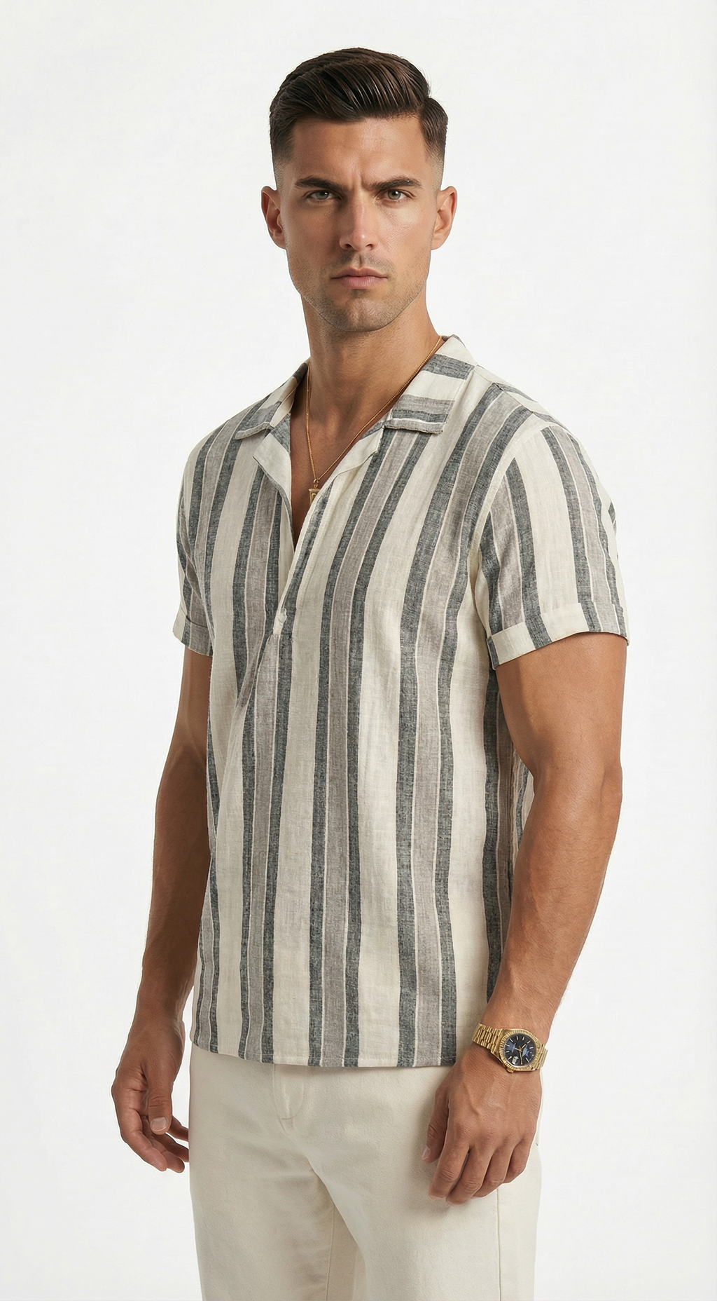 Man wearing a striped shirt and white pants from Meleche or Meléche (short as (Mé))