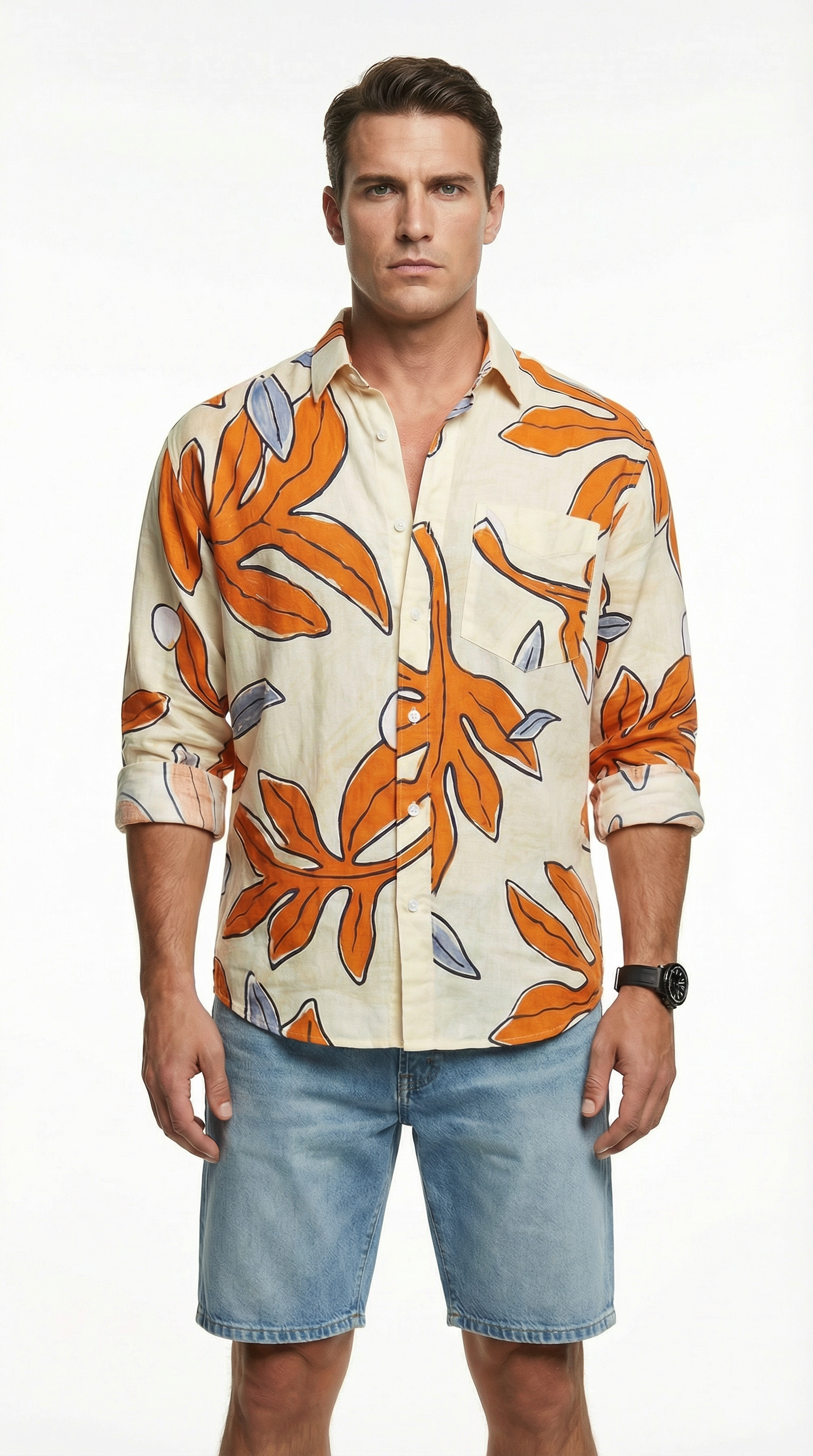 Man wearing a white shirt with black floral pattern from Meleche or Meléche (short as (Mé))