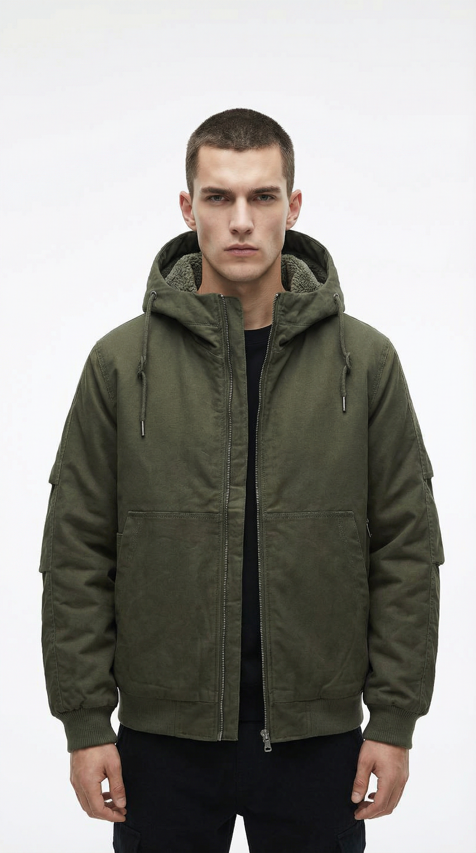 Man wearing a green hooded jacket on a white background