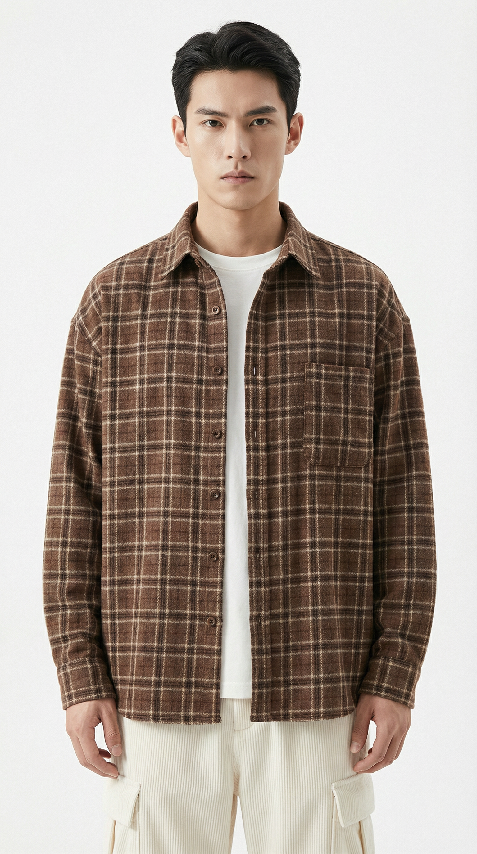 Man wearing a brown plaid shirt over a white t-shirt on a white background