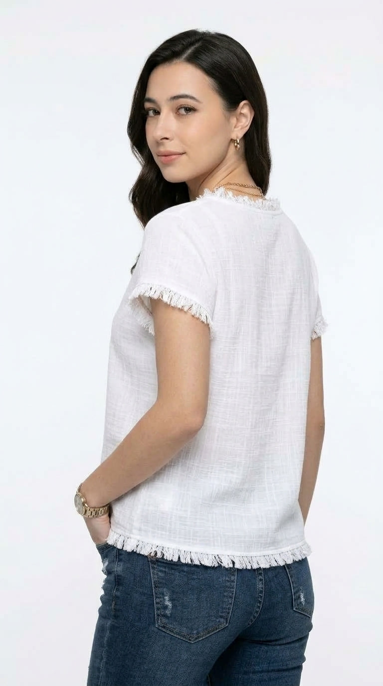 A woman wearing a white short-sleeve top with frayed trim and blue jeans, photographed from the back against a plain white studio background, from Meleche Fashion USA or Meléche (short as (Mé))